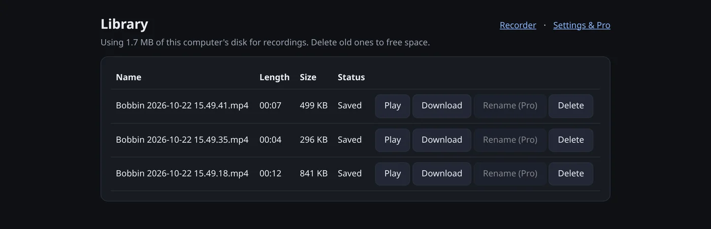 Bobbin Library listing MP4 recordings with Play, Download and Delete buttons
