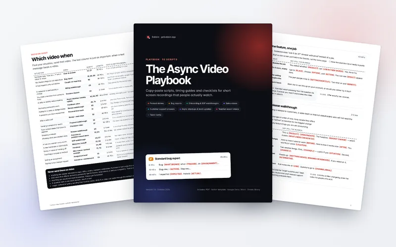 Pages from The Async Video Playbook PDF: the cover, the Which video when decision sheet and a product demo script