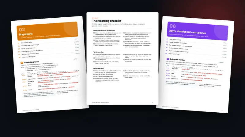 Inside pages: the Bug reports section, the recording checklist and the Async standups section