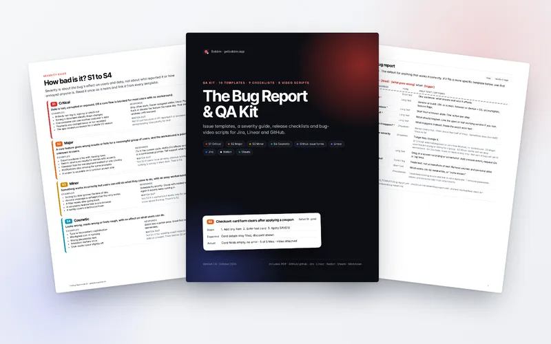Pages from The Bug Report and QA Kit PDF: the cover, the S1 to S4 severity guide and the bug report template