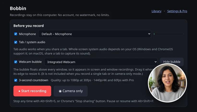 Bobbin recorder with a round webcam bubble of a person floating in the corner