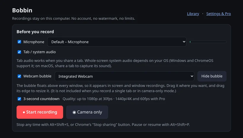 Bobbin recorder setup screen with microphone, tab audio, webcam bubble and countdown options