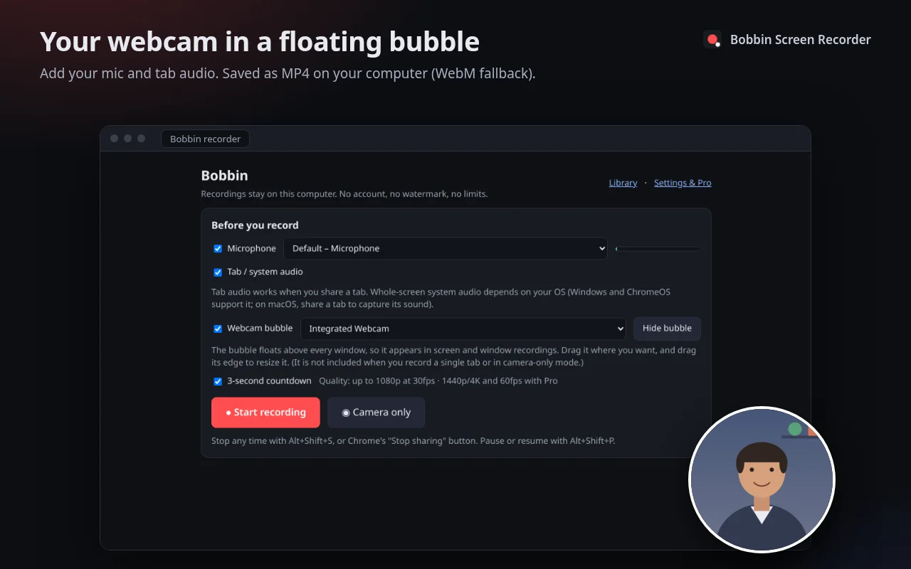 Bobbin recorder with a round webcam bubble floating in the corner