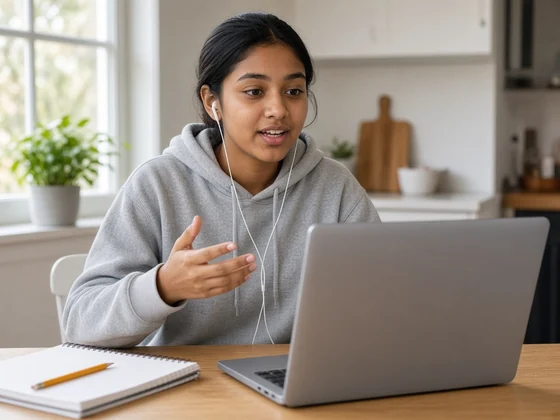 A student in a grey hoodie talking to her laptop webcam at a kitchen table while recording a video for class