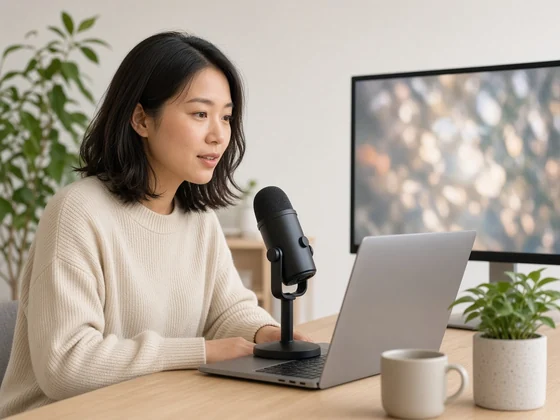 A woman recording a product walkthrough at her desk, speaking toward a desktop microphone beside her laptop