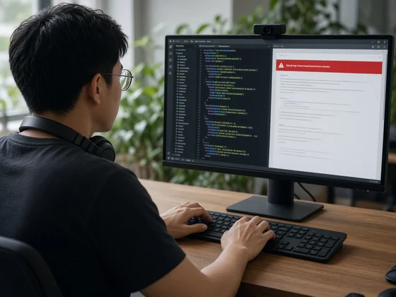 A developer at a desk with code on a large monitor, talking through a change
