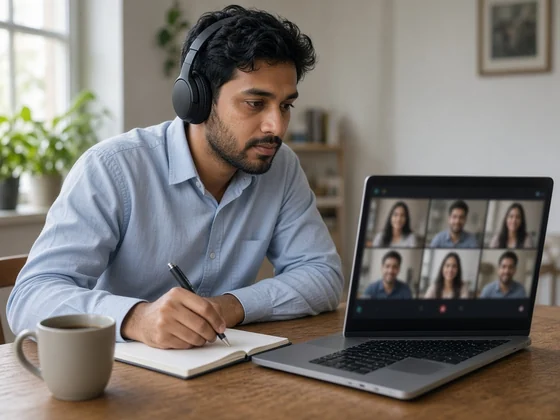 A man in headphones taking notes in a notebook while listening to a video call on his laptop