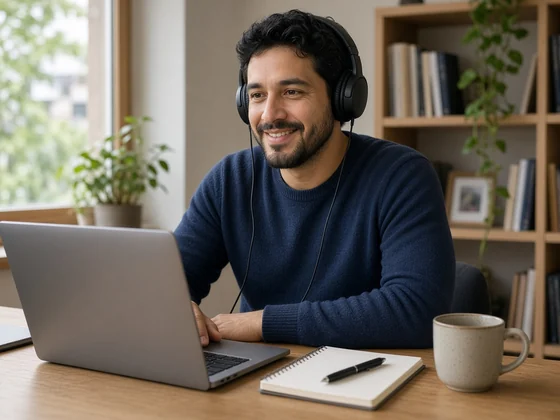 A man wearing headphones smiling during a video meeting on his laptop at a home-office desk