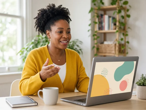 A woman in a yellow cardigan smiling and gesturing toward her laptop webcam while presenting colourful slides