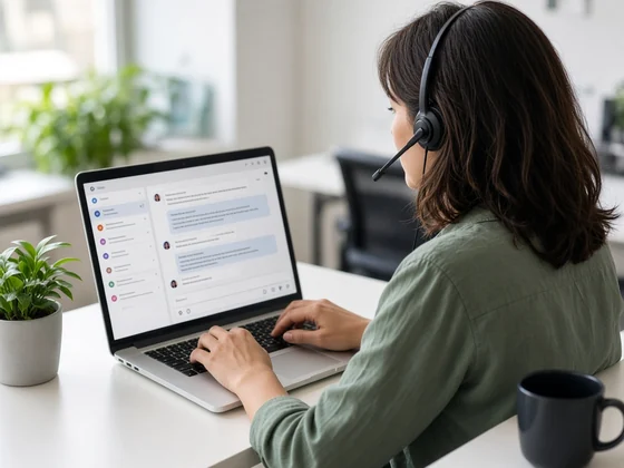 A woman at a laptop reproducing a problem while talking through it
